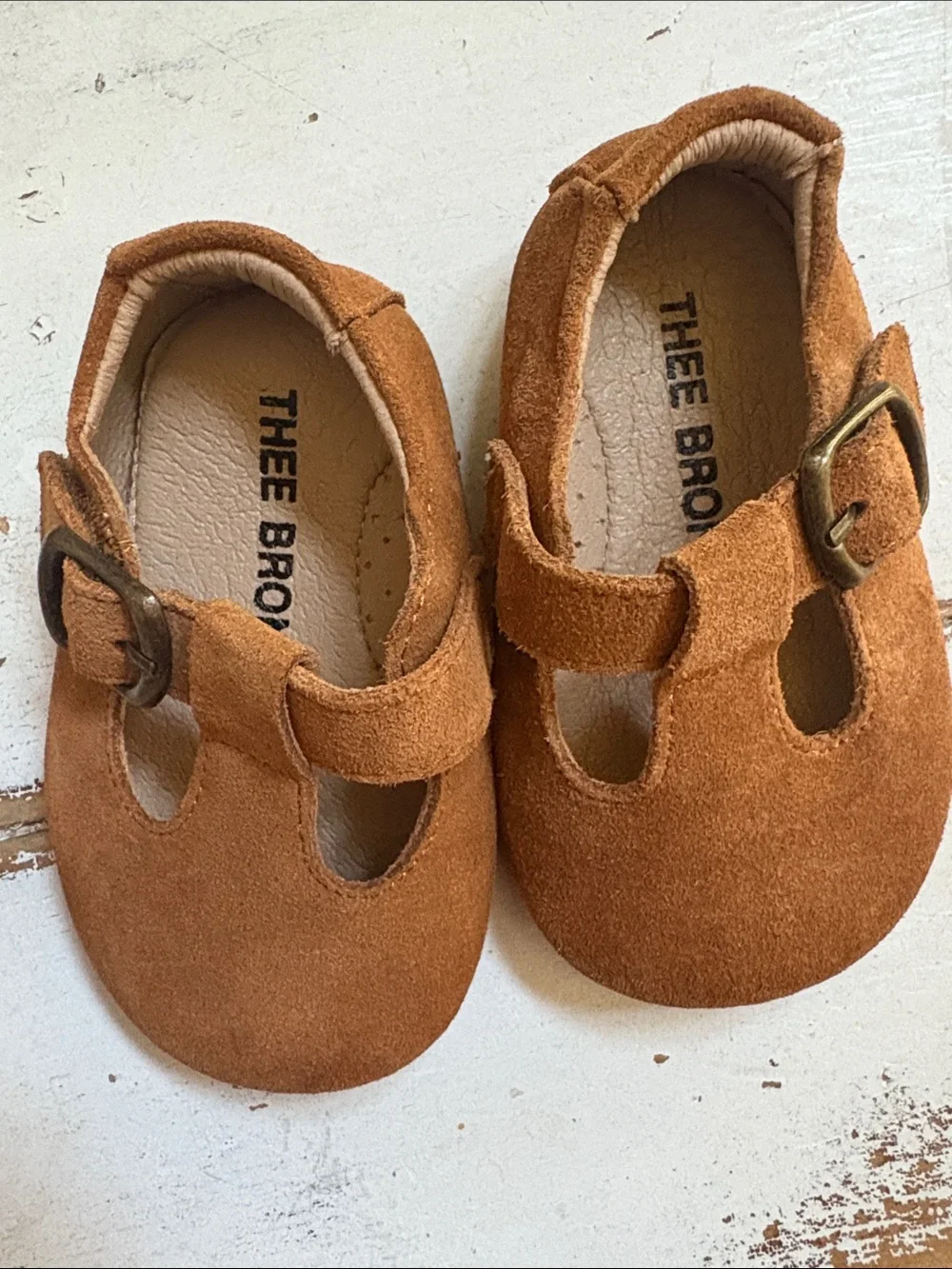 Thee born Brown Suede Kids T-Strap Buckle Shoes